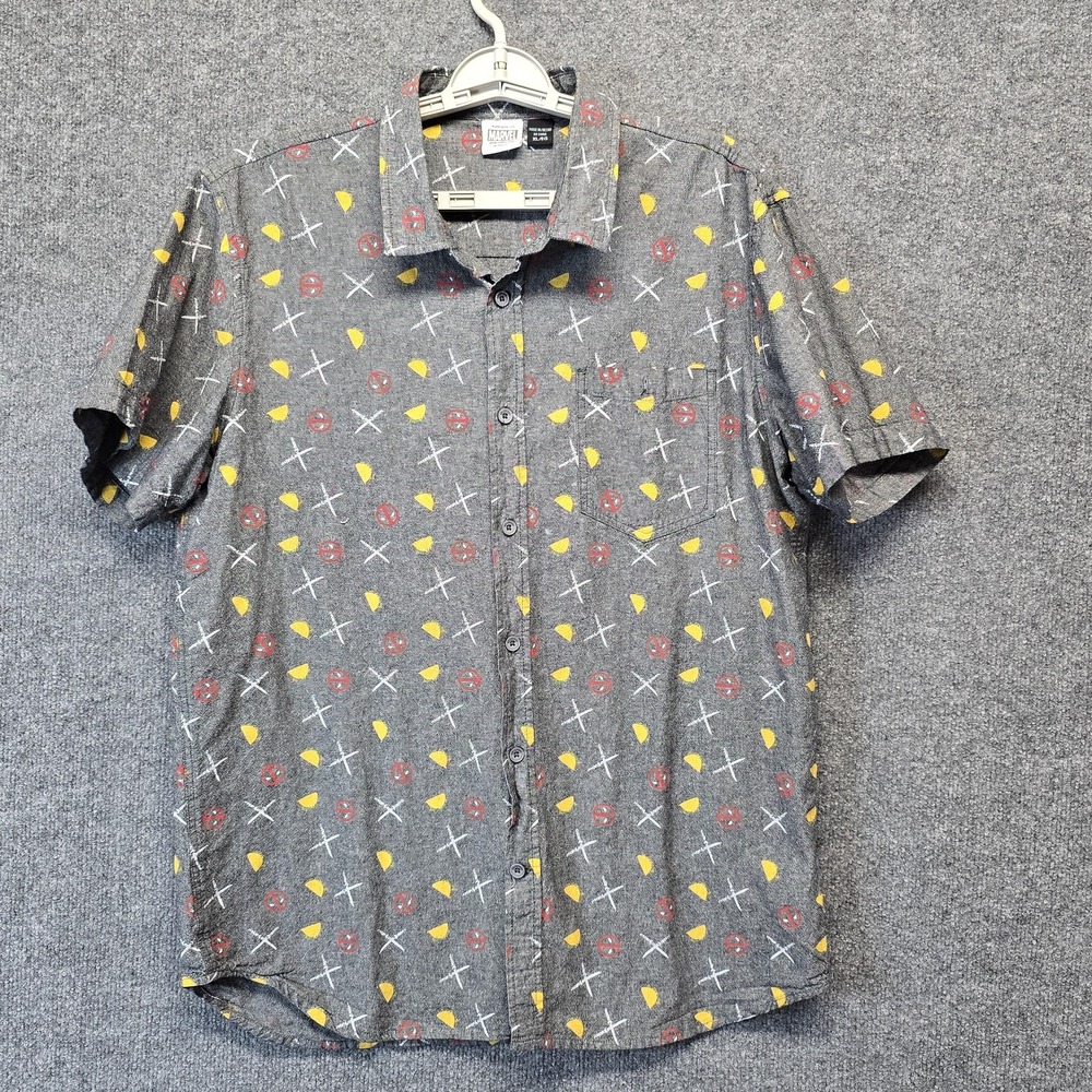 Marvel Deadpool Shirt Mens XL Gray Button Front Short Sleeve Tacos Allover Print
